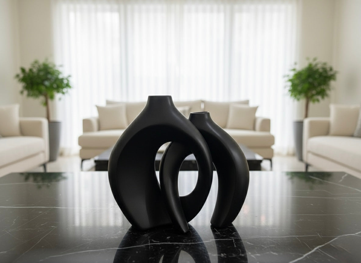 Modern Abstract Interlocking Vases with Dried Grass Accent