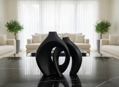 Modern Abstract Interlocking Vases with Dried Grass Accent