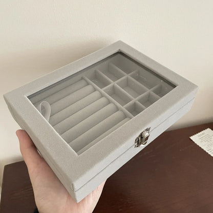 Velvet Jewelry Storage Organizer Box with Glass Lid & Buckle Clasp