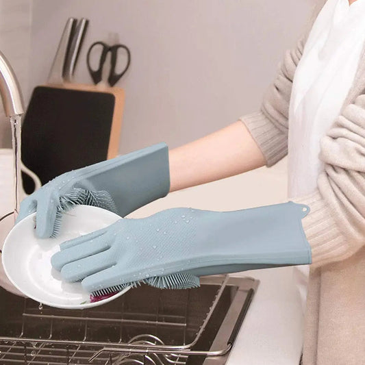 Magic Silicone Dishwashing Big Size Gloves with Integrated Scrubbing Bristles