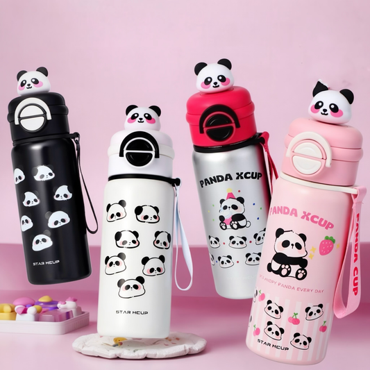 Cute Panda Stainless Steel Straw Water Bottle with Carrying Strap - 550ml