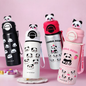 Cute Panda Stainless Steel Straw Water Bottle with Carrying Strap - 550ml