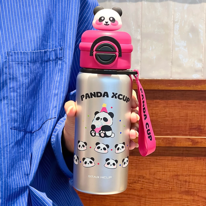 Cute Panda Stainless Steel Straw Water Bottle with Carrying Strap - 550ml