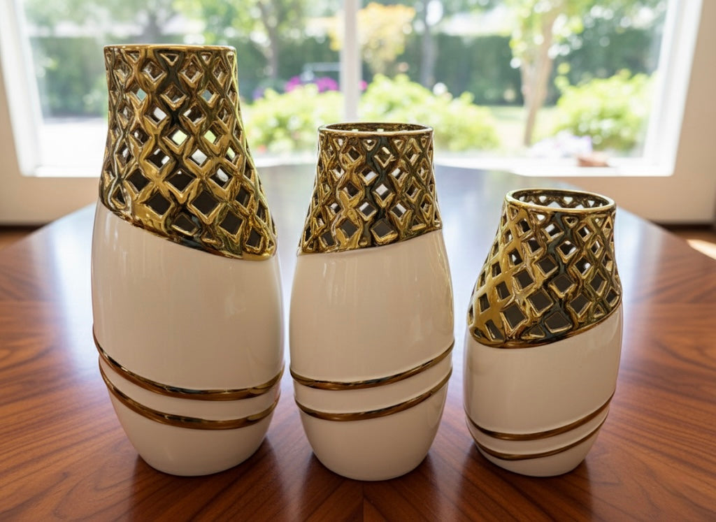 Modern White and Black Ceramic Decorative Vases with Diamond Cutout Tops (Only In Karachi)