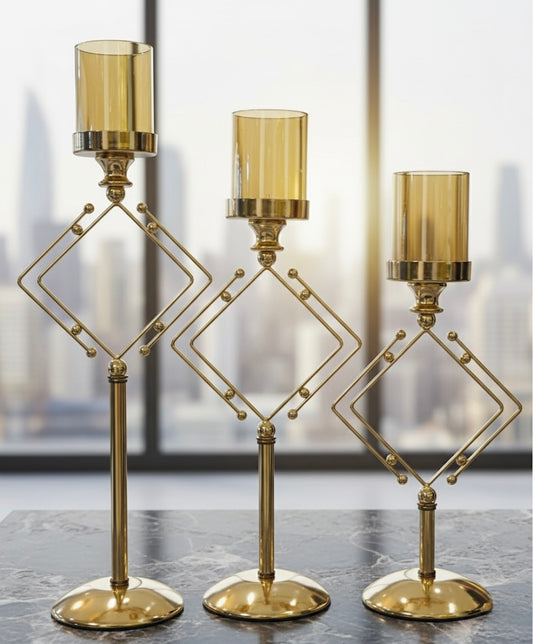 Modern Geometric Golden Candle Holders Set (3 Piece)