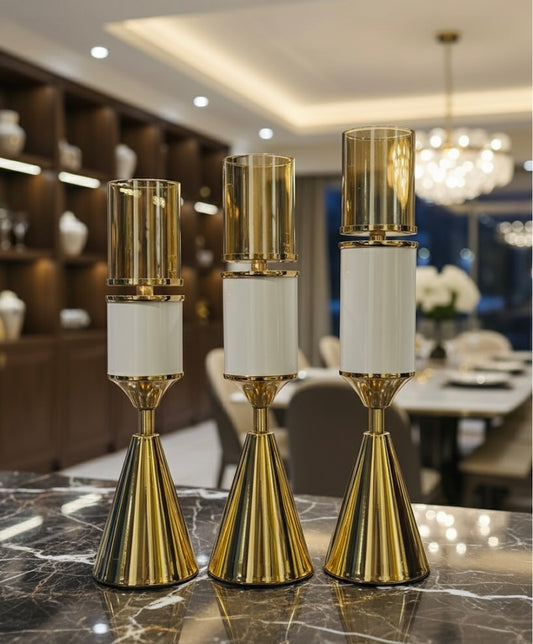 Luxury Gold and White Modern Candle Holders with Glass Cylinders Set (3 Piece)