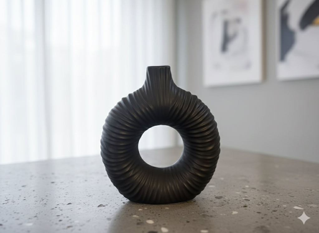 Modern Ribbed Matte Black Ceramic Donut Vase