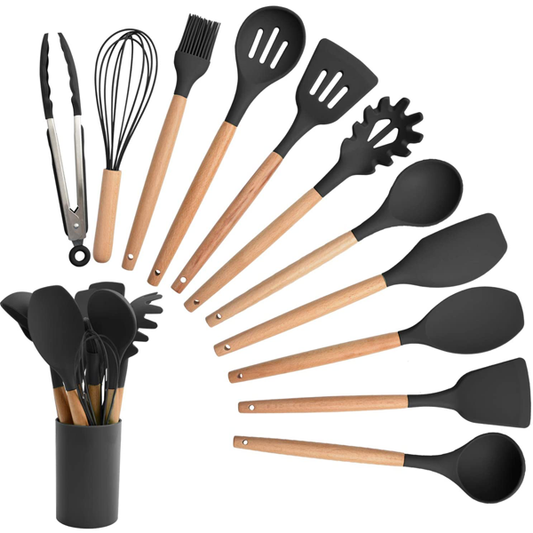 12-Piece Non-Stick Silicone Kitchen Utensil Set with Wooden Handles