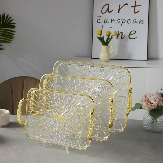 Elegant Clear Acrylic Serving Tray Set with Gold Handles 3pcs