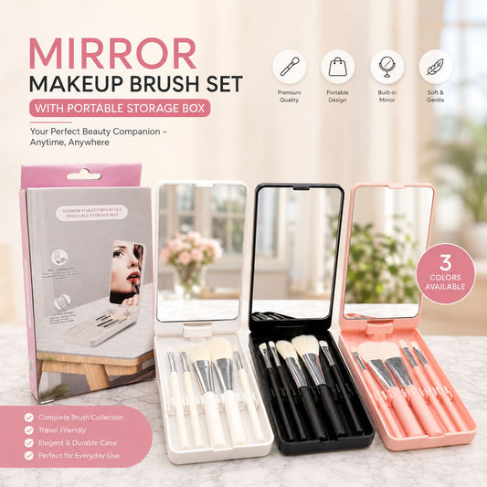 Portable 5-Piece Makeup Brush Set with Storage Case & Built-in Mirror
