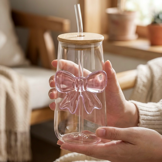 Pink Glass Bow Can Tumbler with Bamboo Lid & Glass Straw