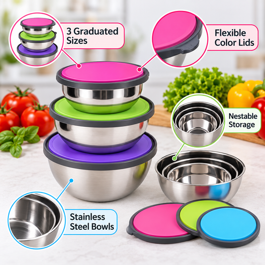 3 Piece Stainless Steel Sealed Storage Bowl Set