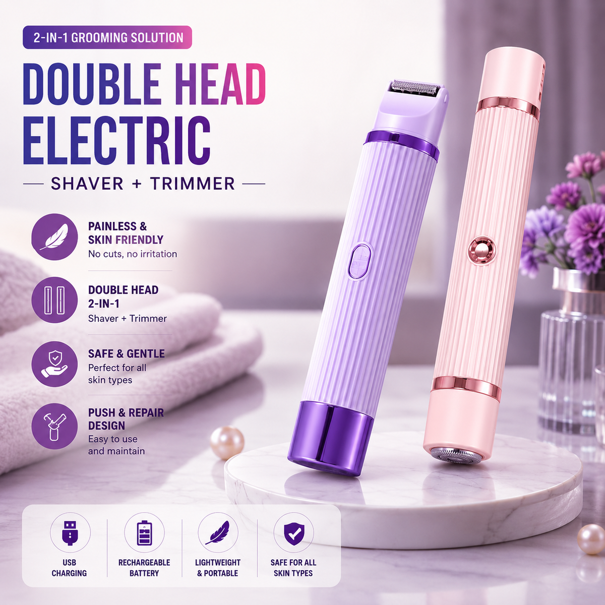 2-in-1 Double Head Electric Shaver and Trimmer for Women