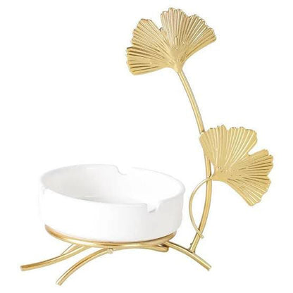 LUXURY VILLA SIDE TABLE DECOR - CERAMIC ASHTRAY WITH LIT CIGARETTE & GOLD GINKGO LEAF ORNAMENT
