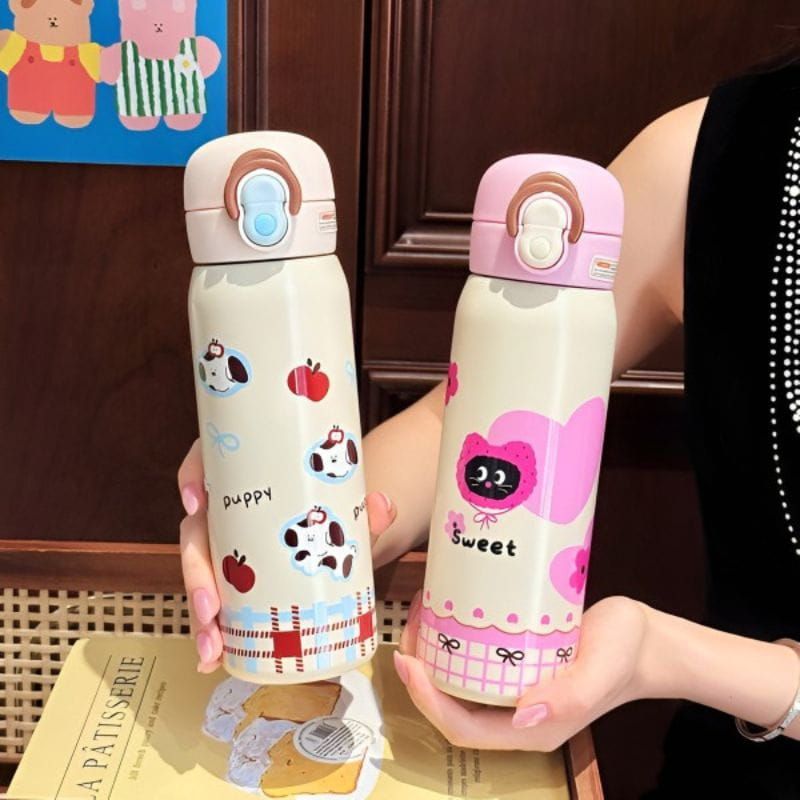 Cartoon Thermos Stainless Steel Double Straw Cup