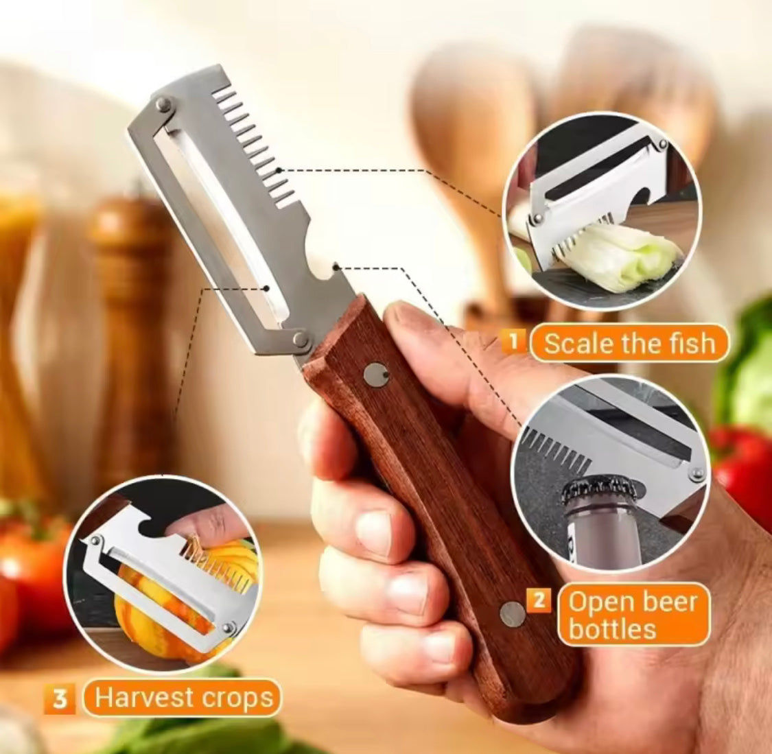 3 In 1 Comb Style Vegetable Peeler With Wooden Handle