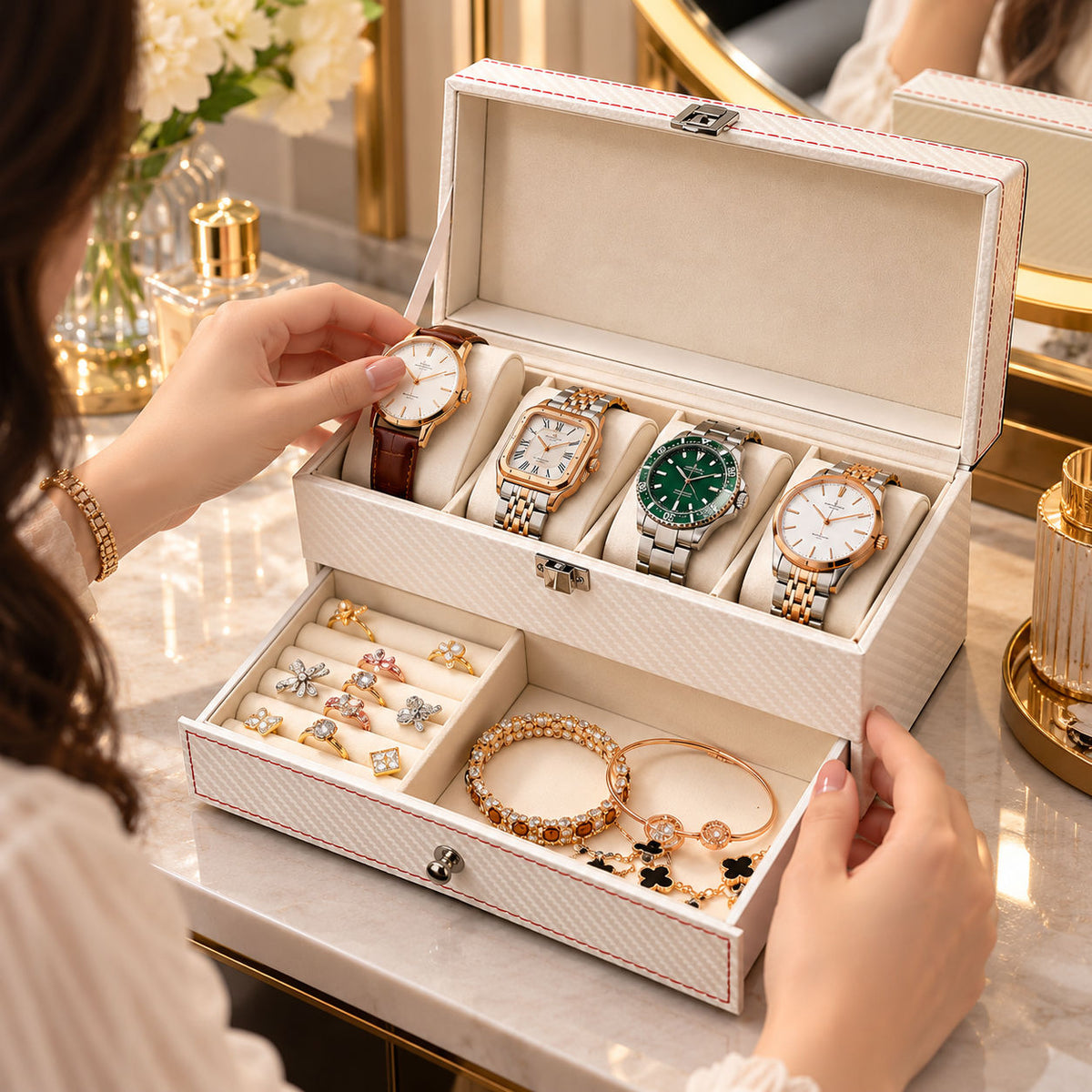 2 Tier Watch and Jewelry Storage Box With Drawer