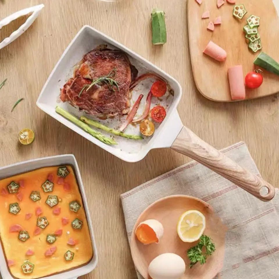 Square Ceramic Frying Pan With Wooden Handle