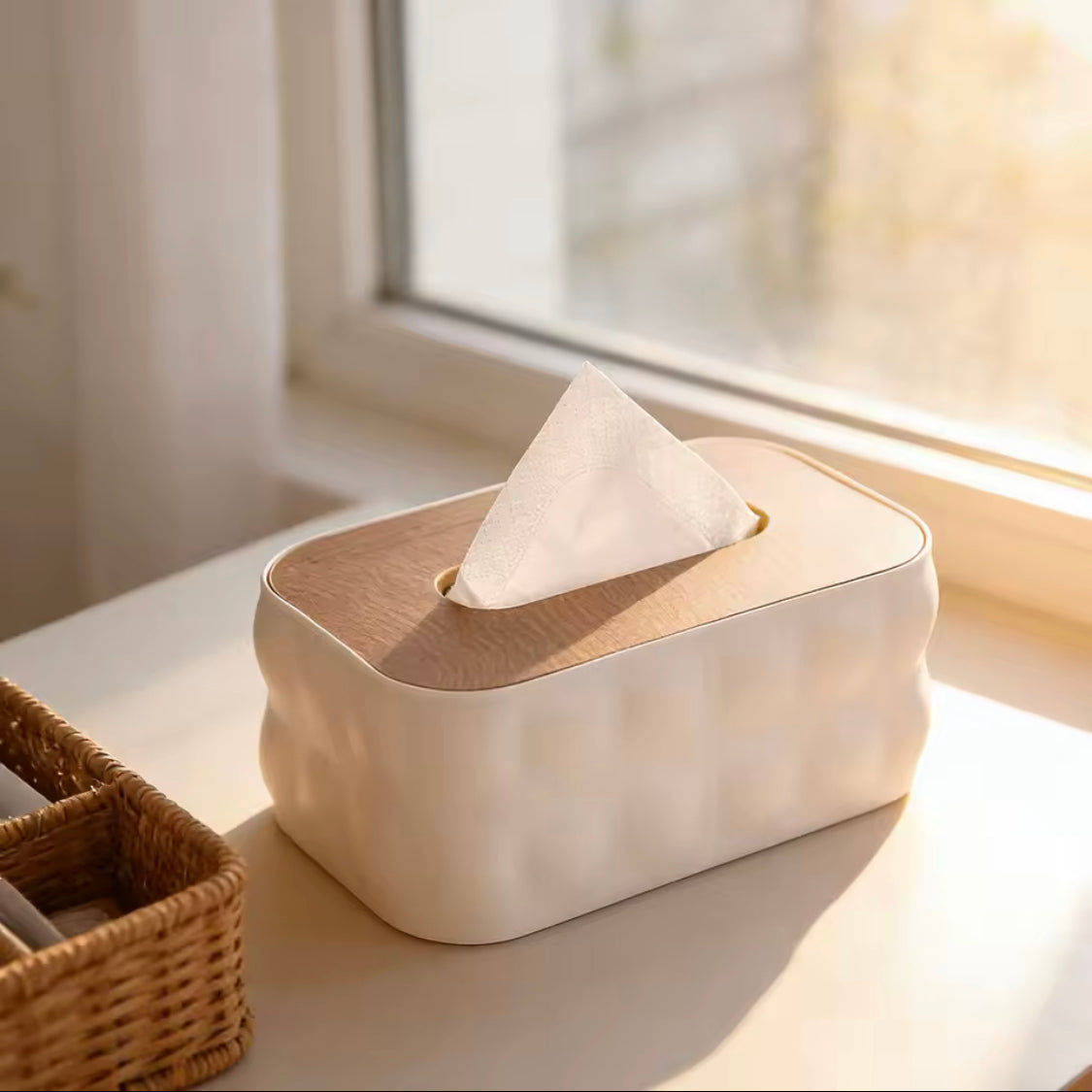 Decorative Square Tissue Box With Wooden Lid