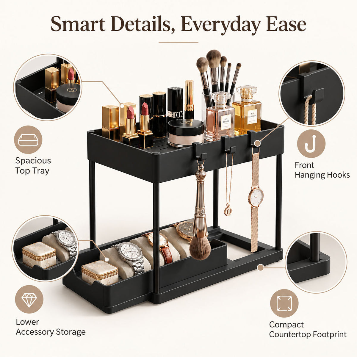 2 Tier Makeup And Jewellery Organizer With Hooks