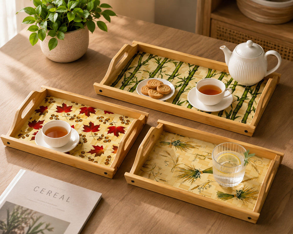 3Pcs Bamboo Serving Trays With Handles