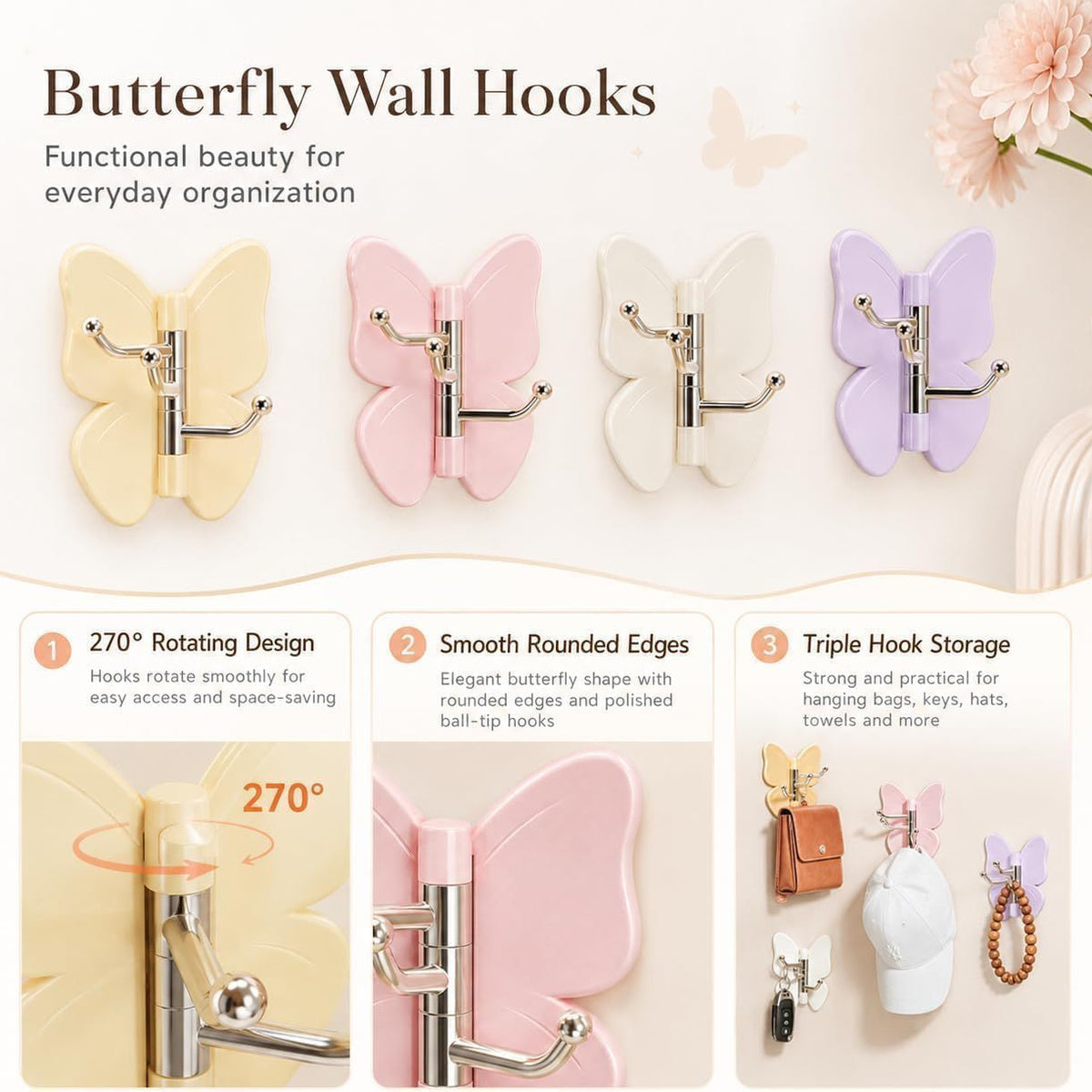 Set Of 3 360 Rotating Butterfly Wall Hooks Self Adhesive Hanger