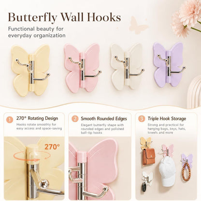 Set Of 3 360 Rotating Butterfly Wall Hooks Self Adhesive Hanger