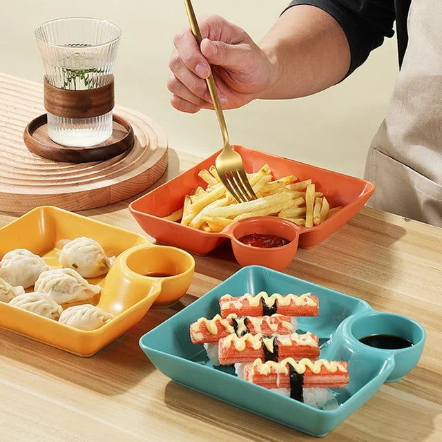 Set Of 4 Square Dumpling Plate With Dipping Dish