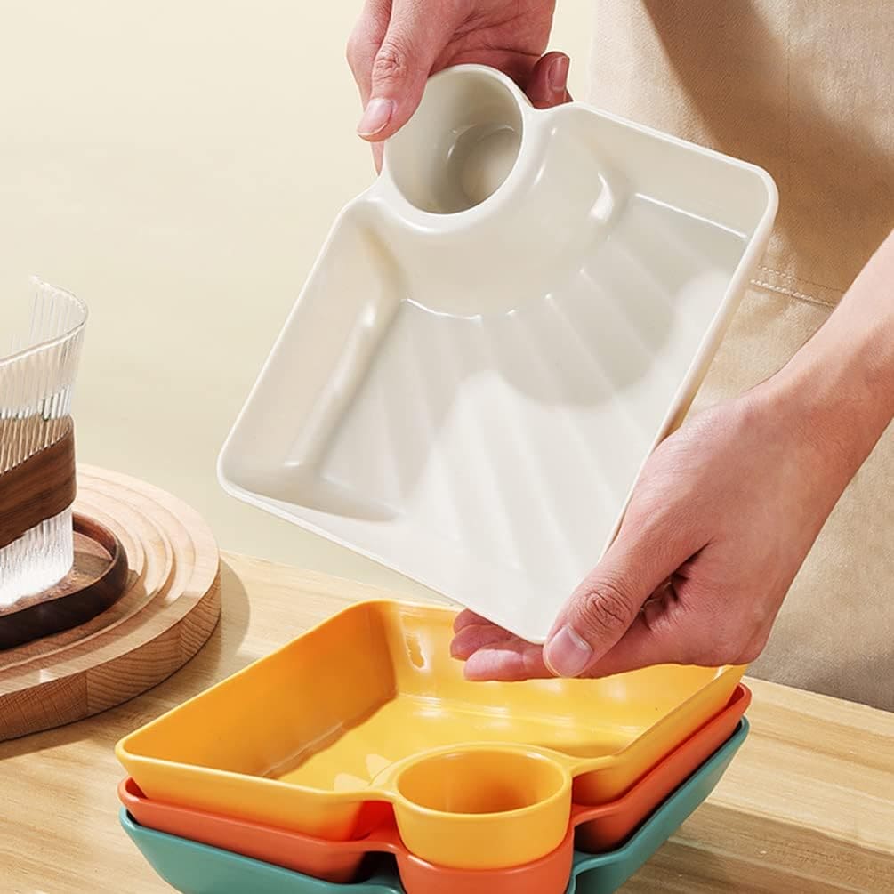 Set Of 4 Square Dumpling Plate With Dipping Dish