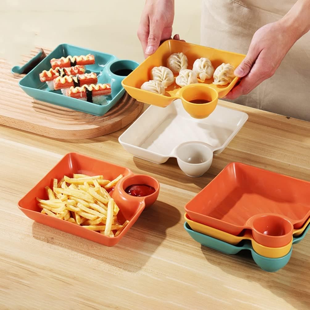 Set Of 4 Square Dumpling Plate With Dipping Dish