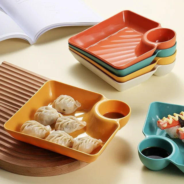 Set Of 4 Square Dumpling Plate With Dipping Dish