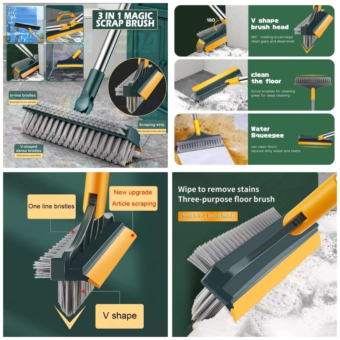 3 In 1 V Shaped Cleaning Brush Long Handle Stiff Broom