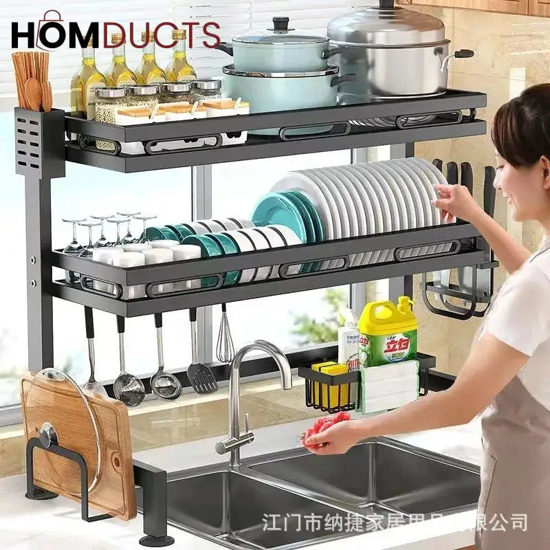 Two-Tier Over-Sink Dish Rack With Utensil Holders