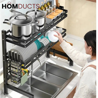 Two-Tier Over-Sink Dish Rack With Utensil Holders