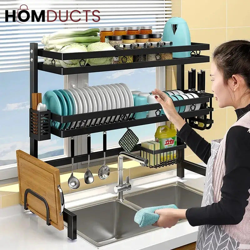Two-Tier Over-Sink Dish Rack With Utensil Holders