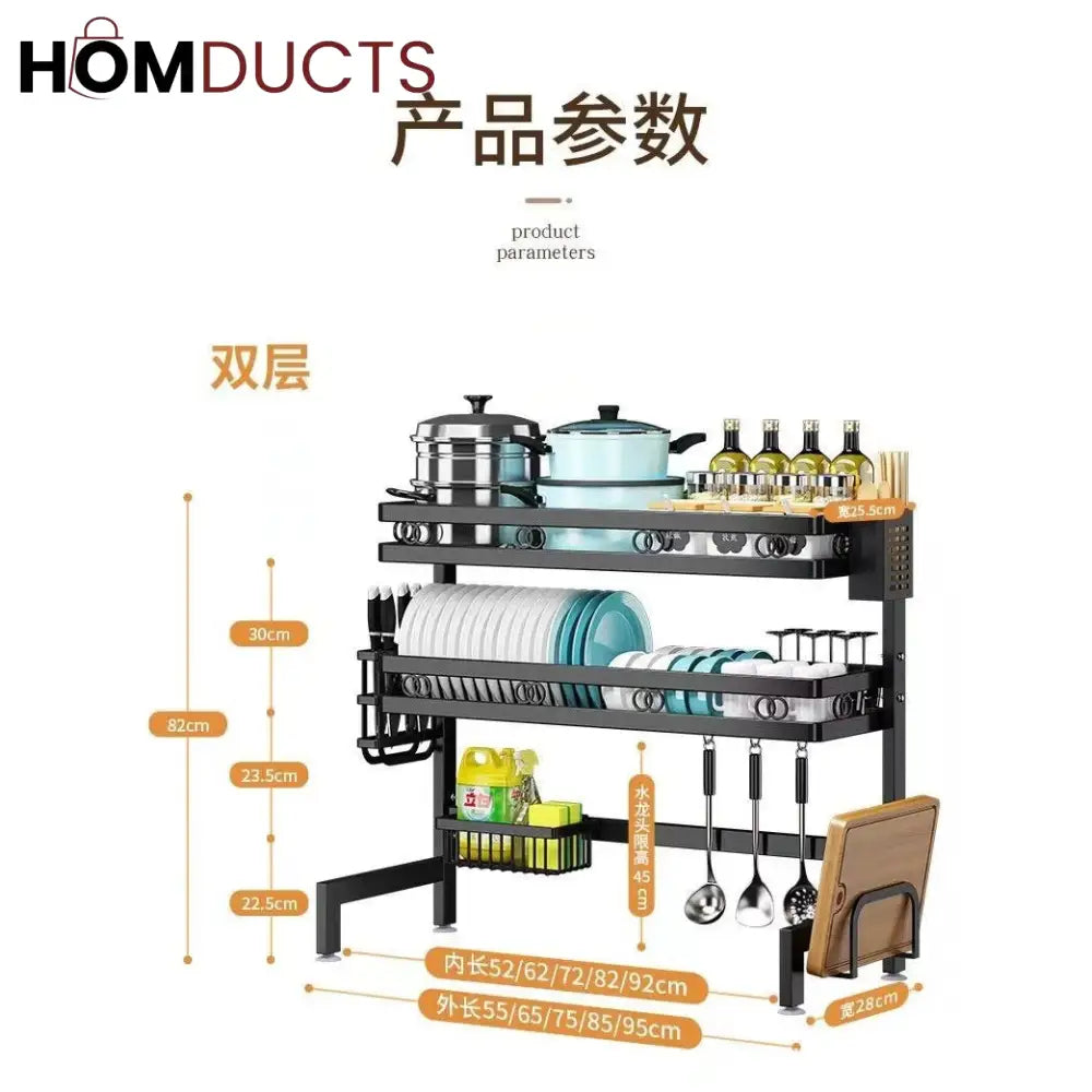 Two-Tier Over-Sink Dish Rack With Utensil Holders