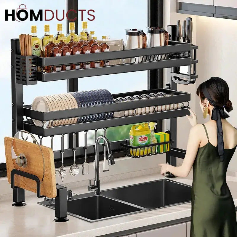 Two-Tier Over-Sink Dish Rack With Utensil Holders