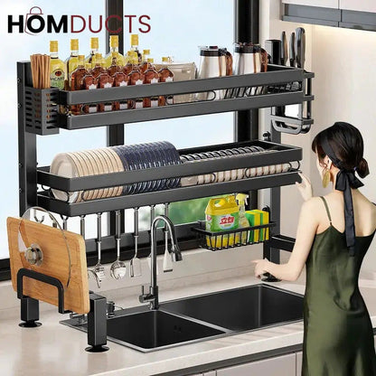 Two-Tier Over-Sink Dish Rack With Utensil Holders