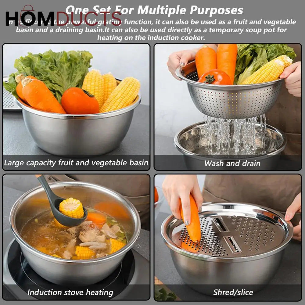 3-in-1 Stainless Steel Colander Bowl & Grater Set