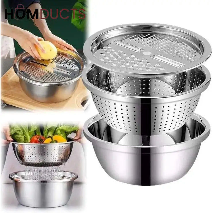 3-in-1 Stainless Steel Colander Bowl & Grater Set