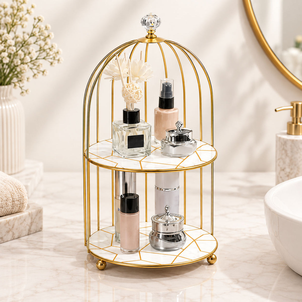 2-Tier Golden Vanity Cage Organizer