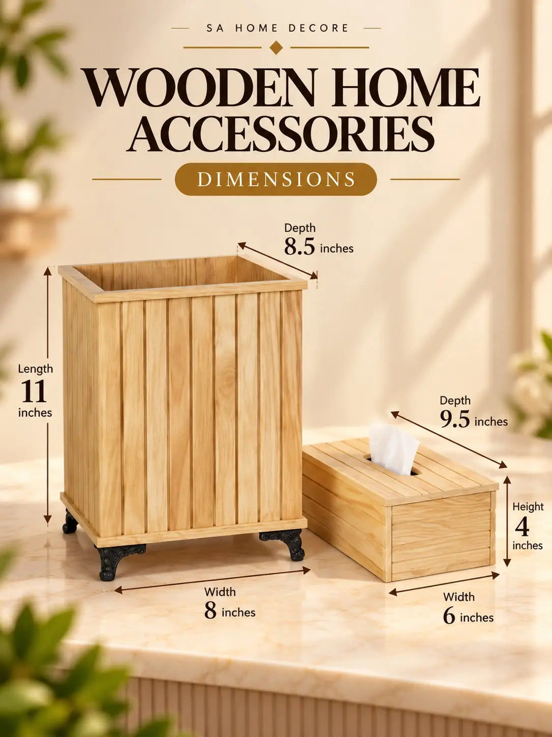 Wooden Tissue Box And Trash Basket Set