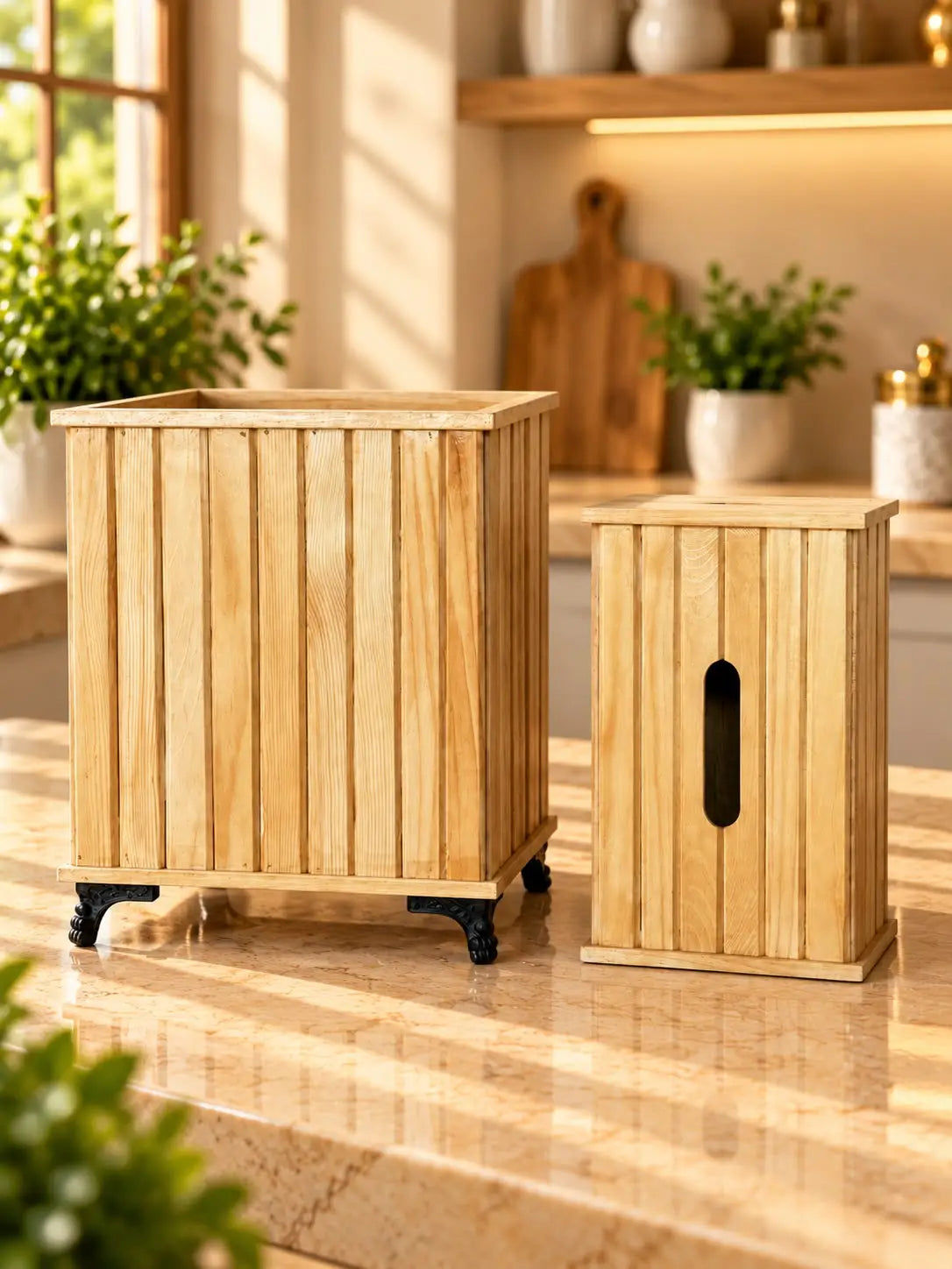 Wooden Tissue Box And Trash Basket Set