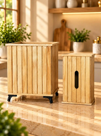 Wooden Tissue Box And Trash Basket Set