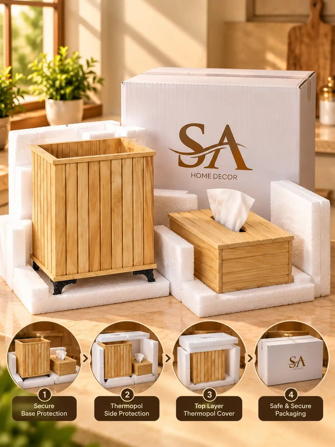 Wooden Tissue Box And Trash Basket Set