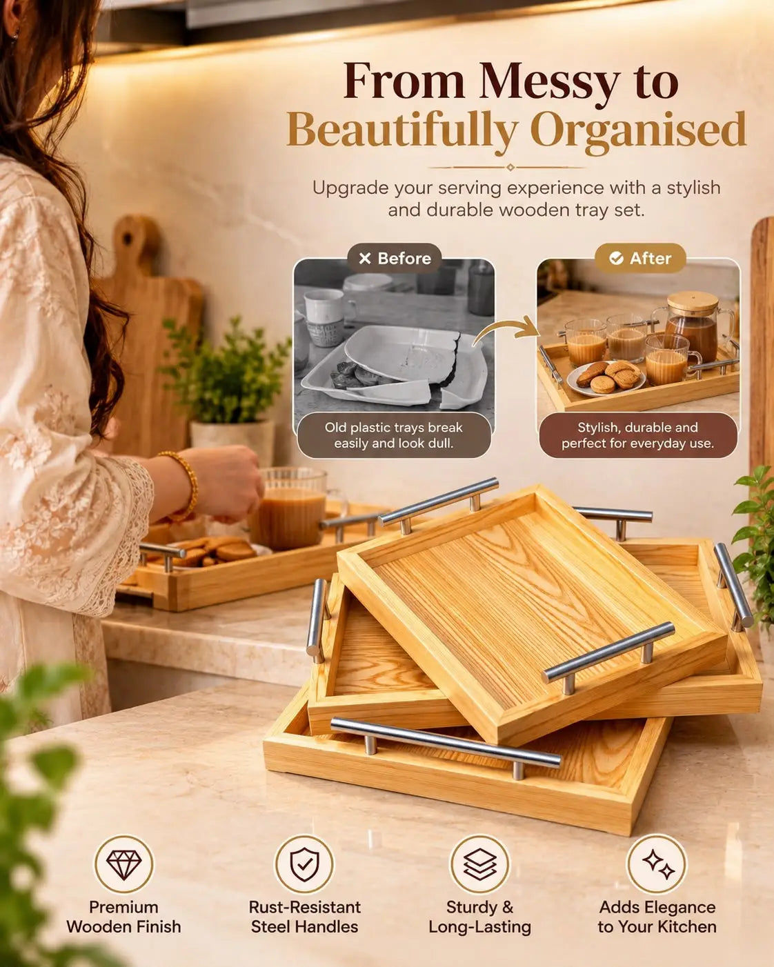 Natural Wooden Tray Set With Steel Handles