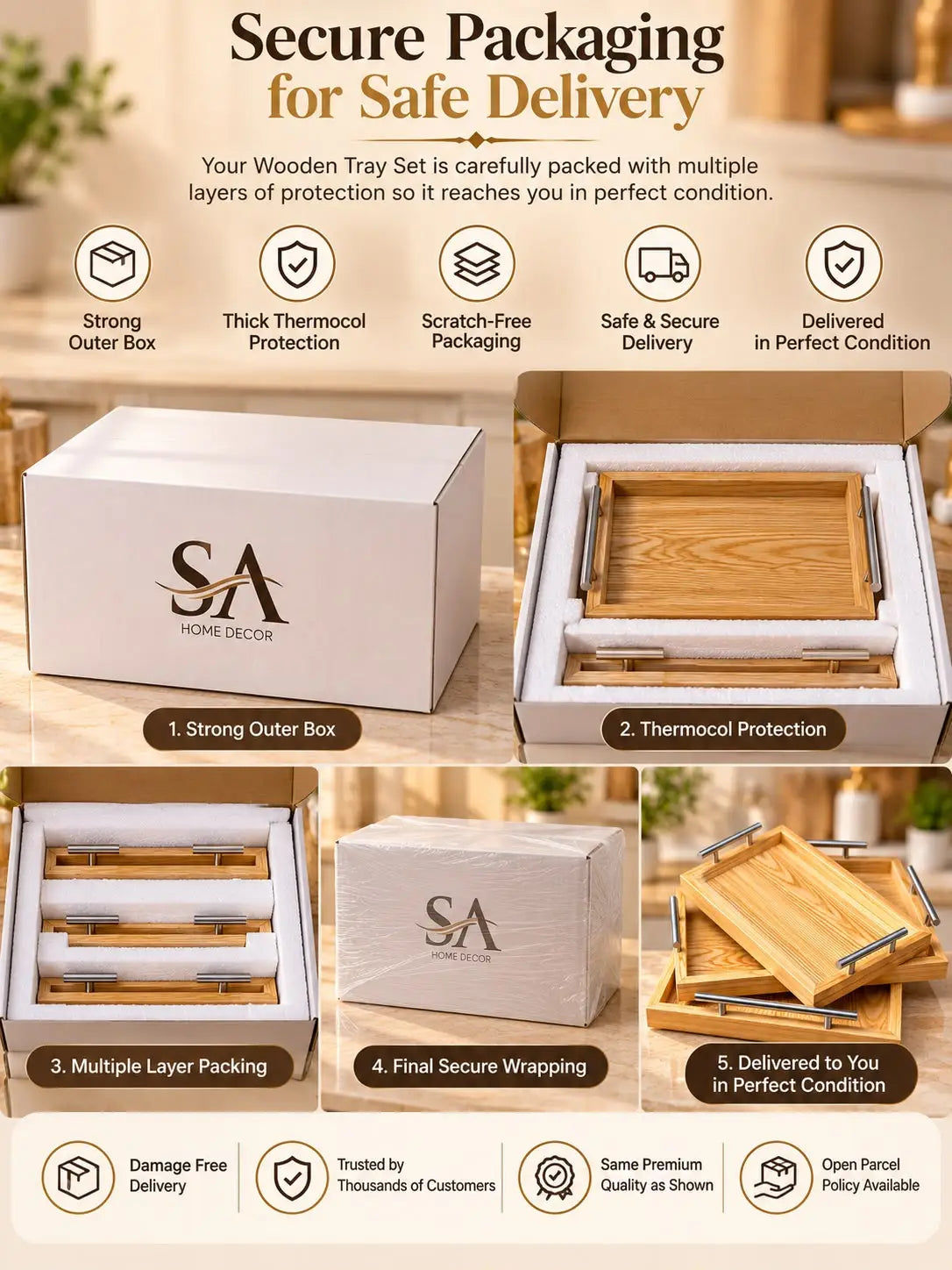 Natural Wooden Tray Set With Steel Handles