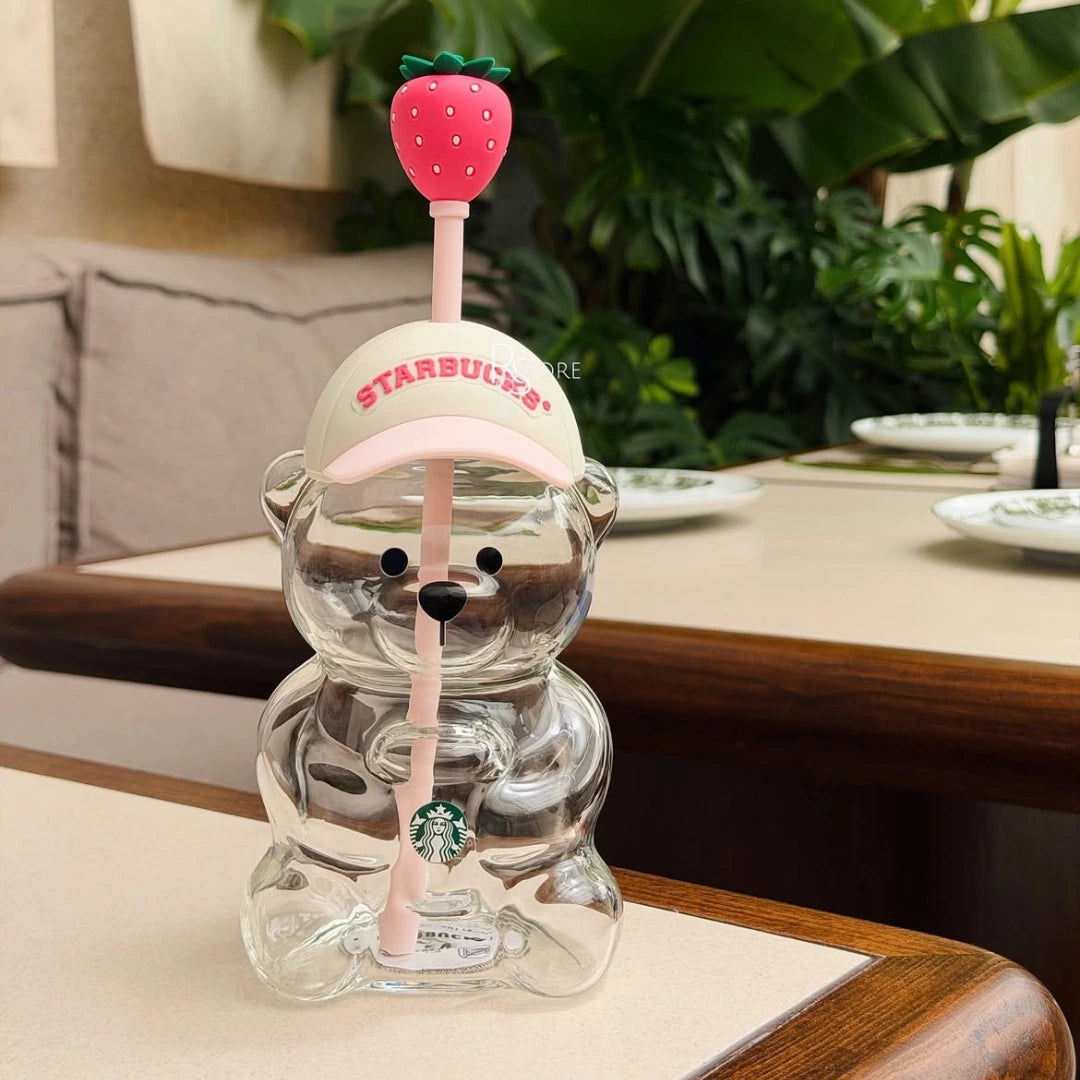 Starbucks Bearista Bear Glass Cup With Straw