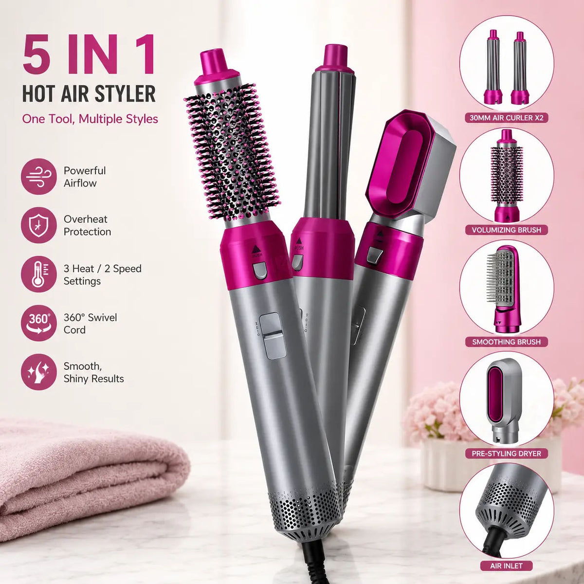 5-in-1 Hot Air Brush Hair Styler with 5 Heads