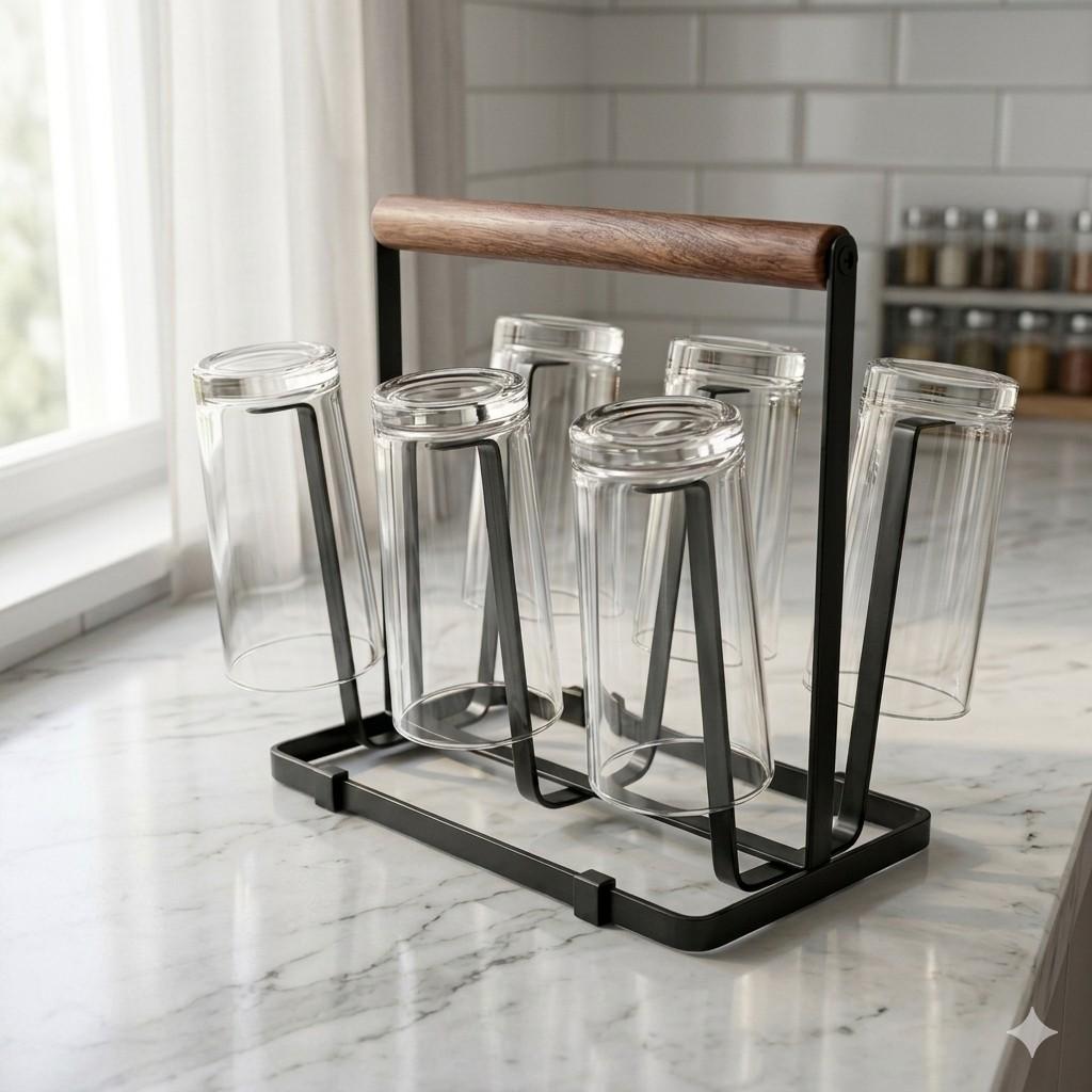 6 Hook Wooden Handle Countertop Glass Drying Rack